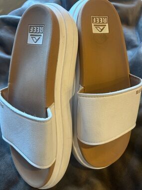 Reef White Slide Sandals with Tan Footbed Platform